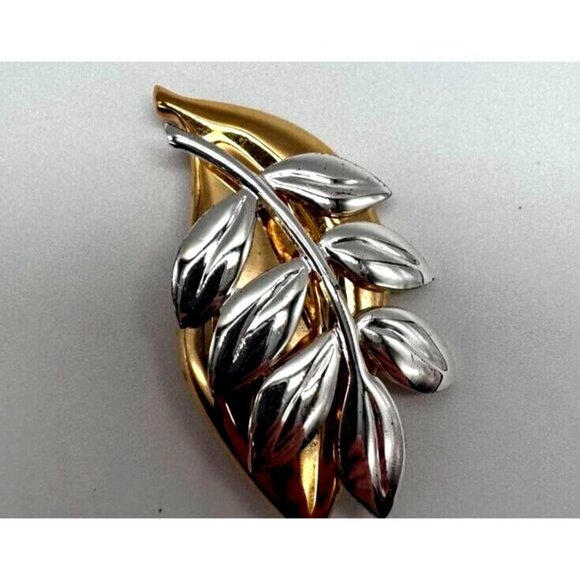 Liz Claiborne Brooch Leaves Silver Gold Two Tone Double Leaf Pin Signed - Picture 5 of 9